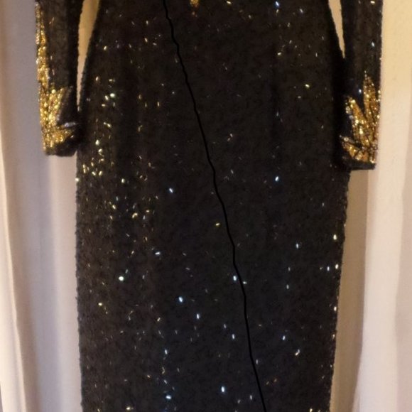 Lady Long Silk Gown Sequin Bead Size 12 Black Gold - Picture 8 of 8
